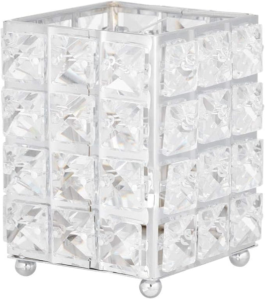 AKOAK 1 Pack Nordic Style Crystal Pen Holder Makeup Brush Eyebrow Pencil Storage Box, Square/Love-shaped/Round Metal Living Room Bedroom Dressing Table Creative Decoration (Silver - Square)
