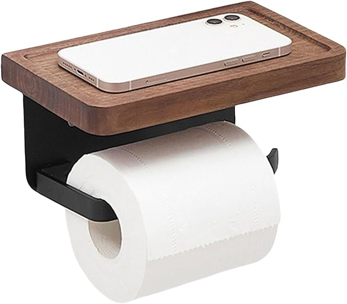 Walnut Bathroom Shelf Stainless Steel Holder Wall Mount Phone Storage Home Decoration