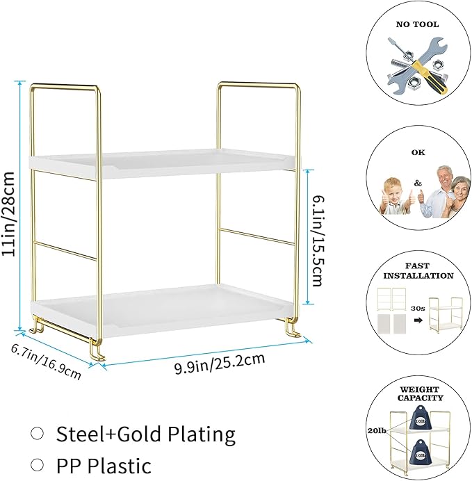 2-Tier Bathroom Countertop Organizer Perfume Organizer Makeup Shelf Bedroom Storage Tray or Kitchen Spice Rack (Gold)