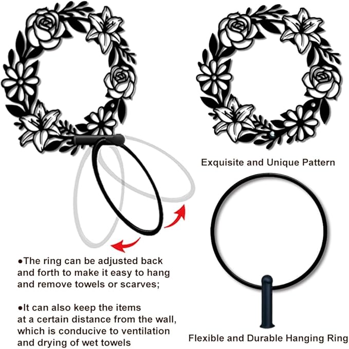 MAYJOYDIY Flower Garland Metal Towel Ring, Round Wreath Black Hand Towel Holder, Branch Leaves Hanging Ring Rose Lilies Wall Mounted Bathroom Accessories for Bathroom Kitchen Home Decoration Gift