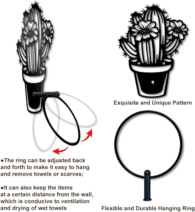 MAYJOYDIY Cactus Metal Towel Ring Cactus Potted Plant Hand Towel Holder Succulent Flowers Towel Ring Black Plant Towel Rack Wall Mounted for Bathroom Kitchen Towel Hanger Home Decors Gift