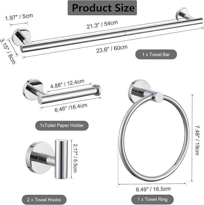 5-Piece Bathroom Hardware Set, Chrome SUS304 Stainless Steel Bathroom Accessories Kit, Includes 24" Towel Bar, Toilet Paper Holder, Towel Ring & 2 Robe Hooks, Wall Mounted, Rustproof Modern Design