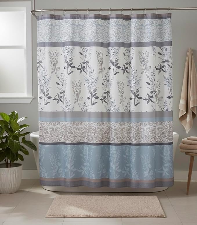 Serafina Home Hotel Quality Fabric Bathroom Shower Curtain: Farmhouse Floral Bordered Damask - Light Blue, Beige, and Grey (72 x 70 inches)