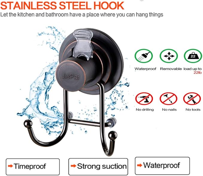 JiePai Vacuum Suction Cup Hooks Shower Bath Towel Hooks Hanging Towel Holder Wall Towel Rack Organizer for Kitchen, Bathrobe,Loofah,Bronze (1 Pack)