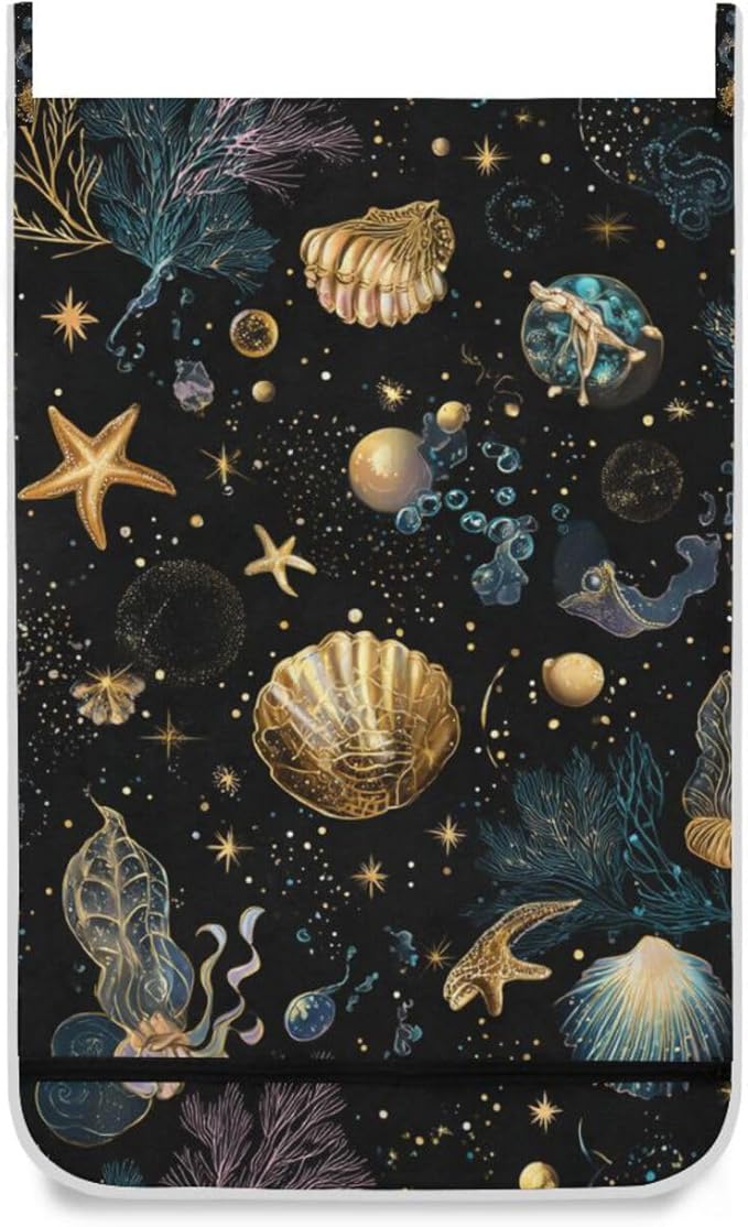 Shell Starfish Black Hanging Laundry Hamper Door Hampers Bag Basket with Stainless Steel Hooks Oxford Fabric Printing Decorative Clothes Bags 29.5X20inch 1Pack
