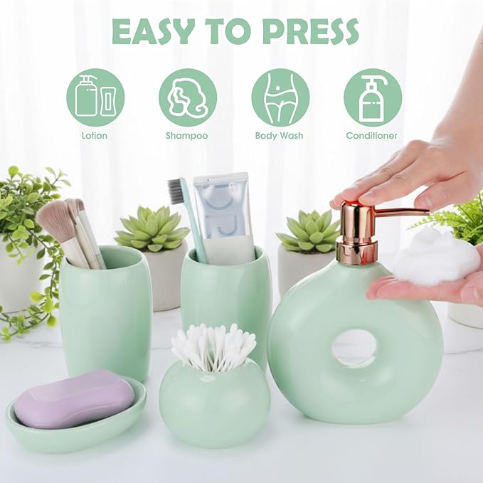 FoldTier 5 Pcs Ceramic Bathroom Accessories Set Includes Soap Dispenser Toothbrush Cup Holder Soapbox Holder Stylish Modern Bathroom Matte Glaze Decor(Green)