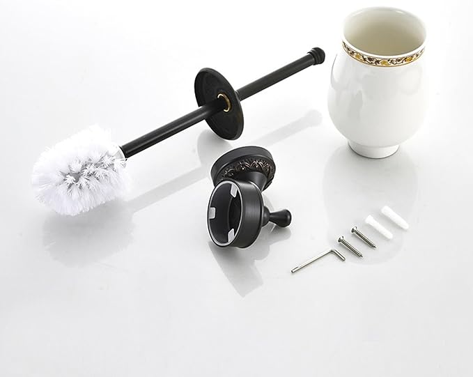 Oil Rubble Bronze Brass Bath Toilet Brush Holder Set, Wall Mounted Black Bathroom Hardware Accessories, Pattern Carving Design