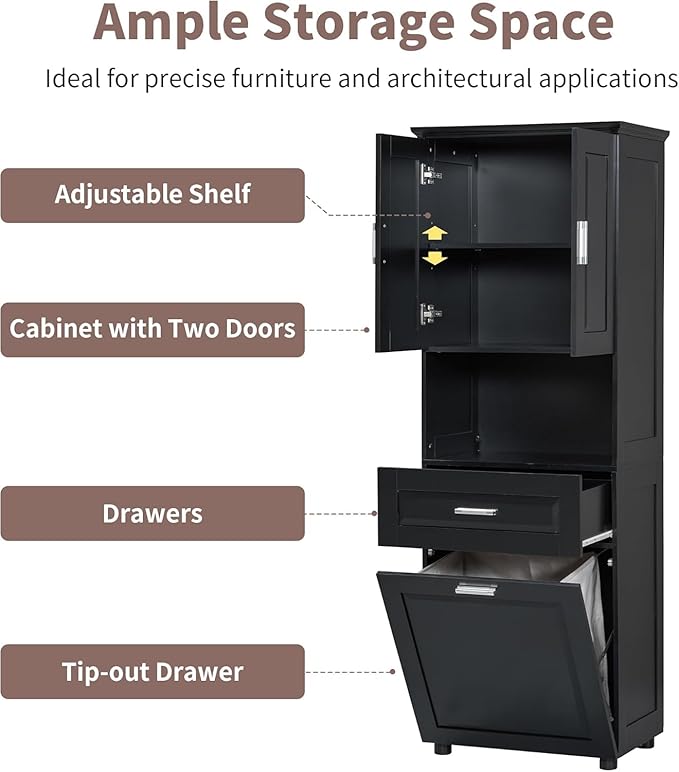 Virubi Laundry Cabinet with Tilt Out Laundry Hamper and Drawer, Wood Tall Bathroom Storage Cabinet with Doors and Adjustable Shelves, Freestanding (Black)
