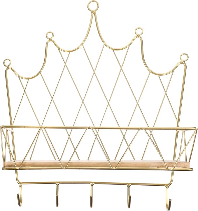 VALICLUD Crown Shaped Wall Storage Rack with Hook Decorative Floating Shelf Golden Color Easy to Install Suitable for Bedroom Bathroom Living Room Home Decor
