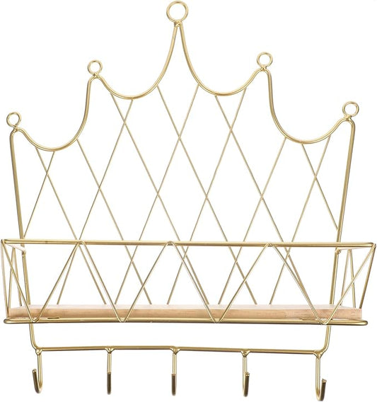 VALICLUD Crown Shaped Wall Storage Rack with Hook Decorative Floating Shelf Golden Color Easy to Install Suitable for Bedroom Bathroom Living Room Home Decor