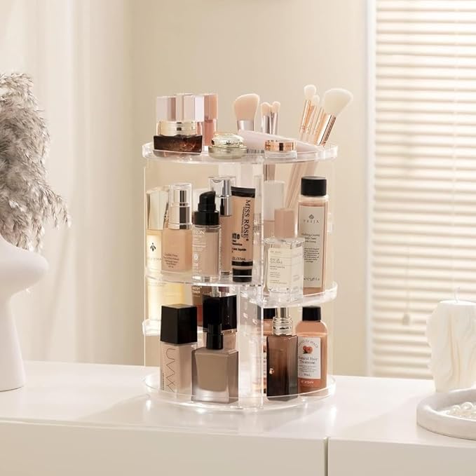 360 Rotating Makeup Organizer, Large Capacity DIY Adjustable Cosmetic Display Organizer, Spinning Perfume Skin Care Organizer for Vanity Countertop, Clear