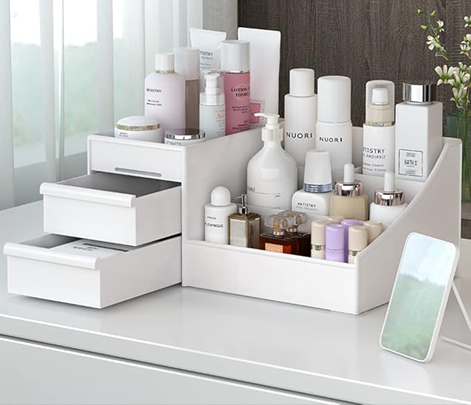 Makeup Desk Cosmetic Storage Box Organizer with Drawers for Dressing Table, Vanity Countertop, Bathroom Counter, Elegant Holder Brushes, Eyeshadow, Lipstick & Nail Polish, White