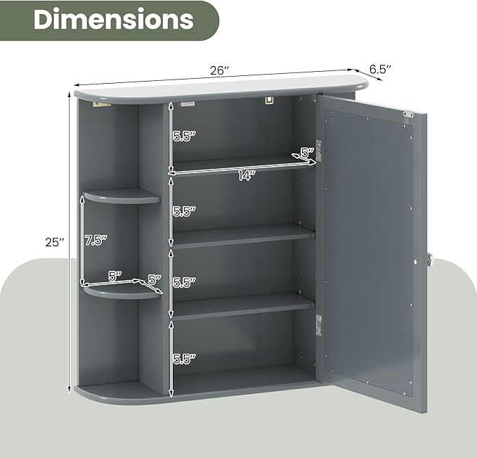 Giantex Bathroom Mirror Cabinet, Wall Mounted Medicine Cabinet with Mirrored Door & 4 Interior Shelves, 6 Open Shelves, Mounting Hardware, Space-Saving Storage Cabinet