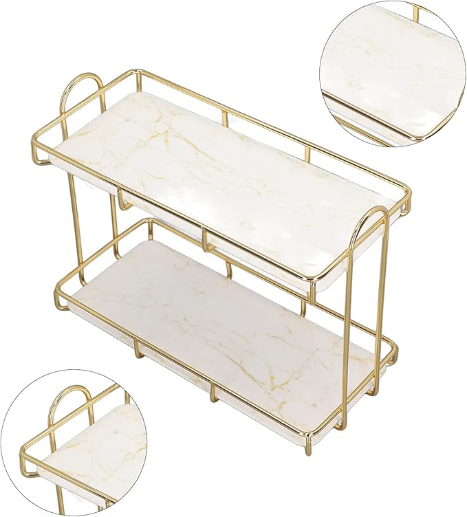 2 Tier Bathroom Shelf Countertop Standing Shelf with Partition Cosmetic Storage Rack Holder Gold (Small 31x23cm)