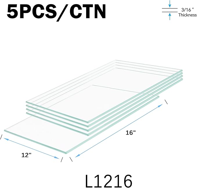 12" x 16" 5-PCS Tempered Glass Shelf, Rectangular Frameless Glass Shelves - 3/16" Thick, Suitable for Bookshelves, Display Cases, Retail Fixtures and Tabletops