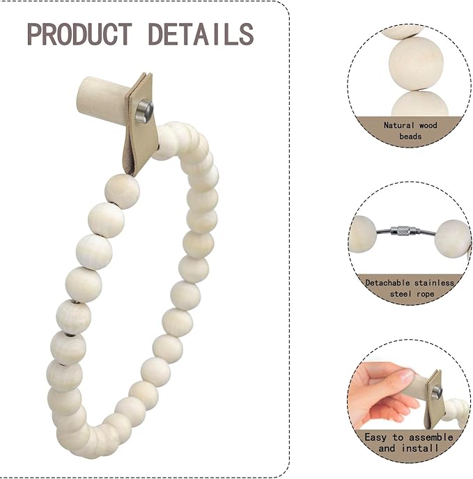 2PCS Towel Rack Handmade Wooden Bead Towel Ring Wall Mounted Farmhouse Hand Towel Holder for Bathroom Decor