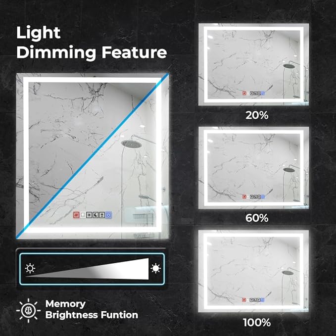 40x32 Inch Rectangular LED Bathroom Mirror with Lights Front and Backlit, 3 Color Modes, Touch Dimmer, Anti-Fog - Wall Mounted Vanity Mirror for Bathroom, Bedroom - Fab Glass and Mirror