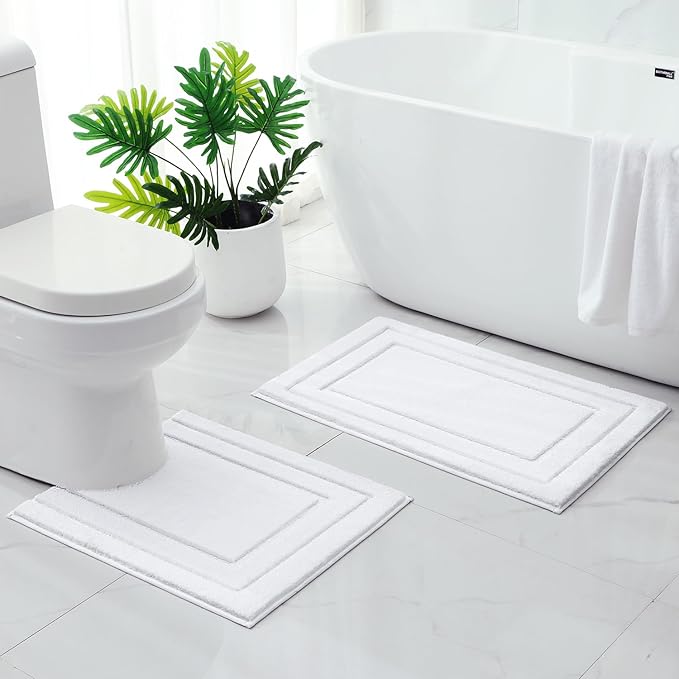 HOMEIDEAS Bathroom Rugs Sets 2 Piece, Super Soft and Absorbent Non Slip Microfiber U-Shaped Toilet Bath Mat Set (20"x32"+U20 x24, White)