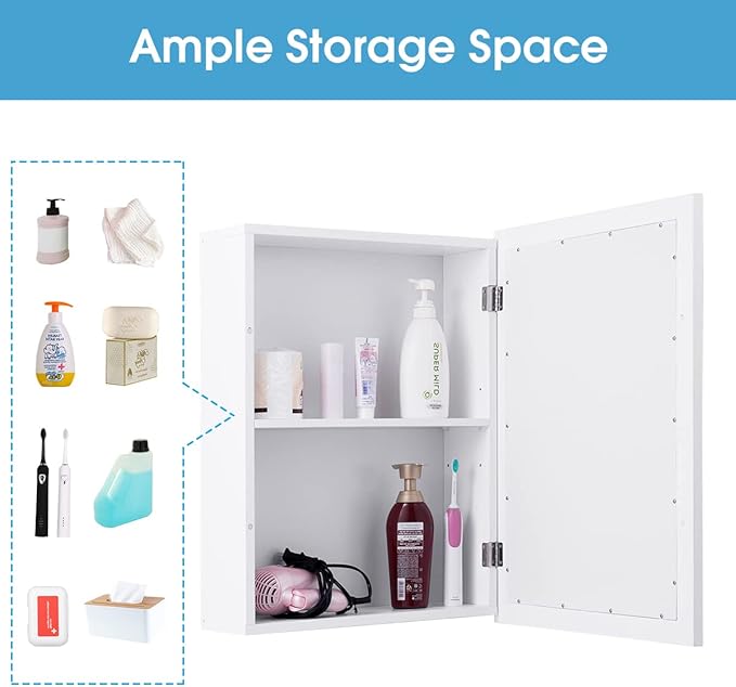 FUTADA Bathroom Medicine Cabinet with Mirror, Wall-Mounted Storage Organizer, Adjustable Shelf & Single Door, Modern Mirror Cabinet for Living Room, Bedroom, Hallway (White)