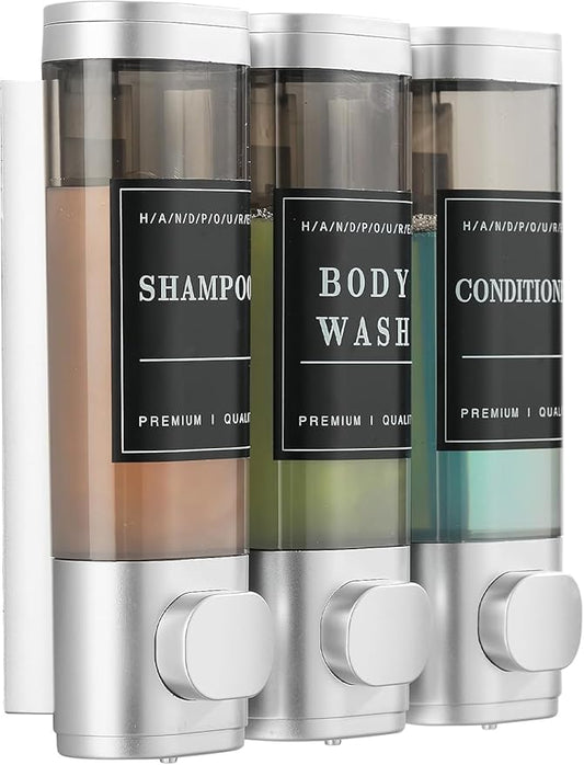 Shampoo and Conditioner Dispenser Shower Dispenser 3 Chamber No Drill Shampoo Dispenser for Shower Wall Mounted Shower Dispenser Body Wash for Bathroom Hotel Large Capacity,Silver