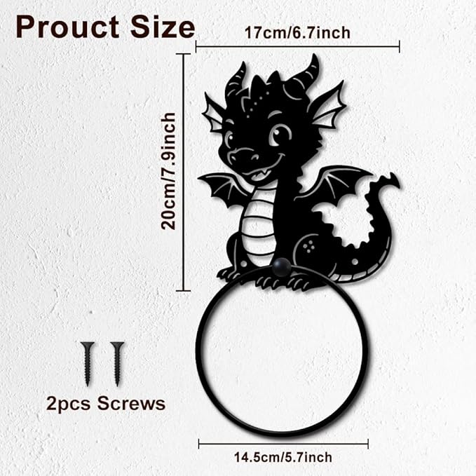 MAYJOYDIY Cartoon Dragon Metal Towel Ring Round Dragon Hand Towel Holder Ring Hanger Wall Mount Black Vintage Towels Wall Organizer for Kitchen Bath Home Laundry Room Decors Gifts