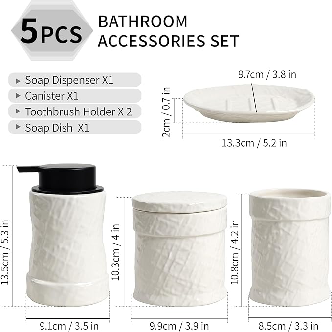 White Bathroom Accessory Set 5PCS, Ceramic Bathroom Accessories Set, Minimalist Textured Design Liquid Soap Dispenser Set Complete, Home Bathroom Decor Vanity Countertop, ANTIS'S HOME