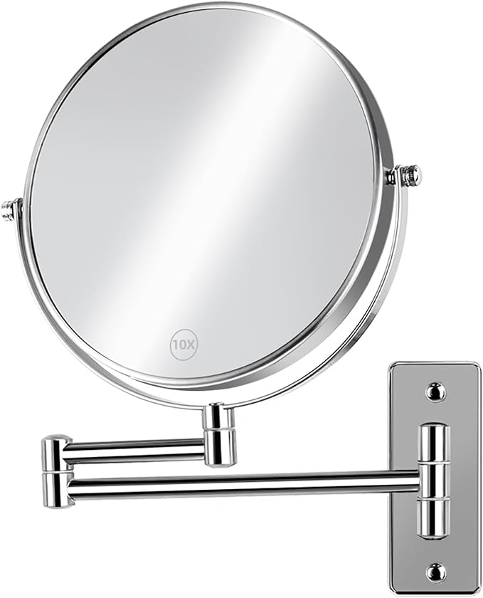 8 inch Wall Mounted Makeup Mirror, 1X/10X Magnifying Double-Sided Wall Mount Shaving Mirror (Close-Up 10X) with Extendable Arm, 360° Swivel for Bathroom Vanity, Chrome (No Light)