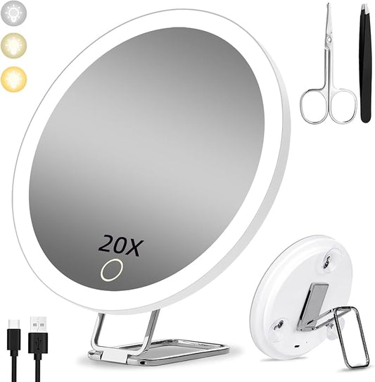 20X Magnifying Mirror w/ Light，Lighted Magnifying Mirror w/ 3 Suction Cups & 360° Stand，Rechargeable 3 Colors Dimming Vanity Mirror，6inch Large Tabletop Makeup Mirror w/ Tweezers & Scissors