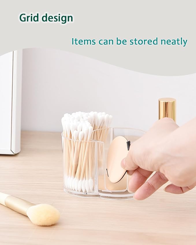 Clear Plastic 2-in-1 Cotton Swab Dispenser & Makeup Pad Holder - Shatterproof Bathroom Vanity Organizer Apothecary Jars for Cotton Rounds, Balls, Floss Picks, Hair Ties & Beauty Sponges