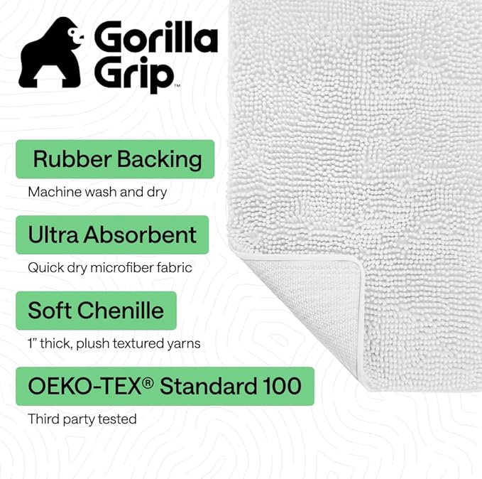 GORILLA GRIP Bath Rug Mat 44x26, Thick Soft Absorbent Chenille, Quick Dry Microfiber Mats, Rubber Backing Washable Shower Floor Rugs, Bathmat Runner, US Designed Bathroom Home Decor Accessories White