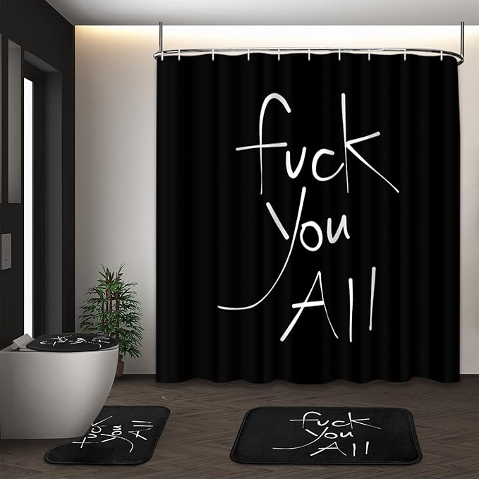 ArtSocket 4PC Shower Curtain Set with Rugs, Fuck You All Bathroom Set with Non-Slip Rug, Toilet Lid Cover, Bath Mat and 12 Hooks 72x72 inches