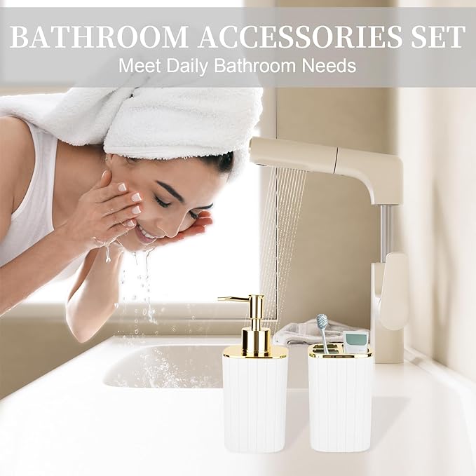 2PCS Bathroom Accessories Set, White and Gold Bathroom Accessories Include Soap Dispenser and Toothbrush Holder for Boho Bathroom Decor