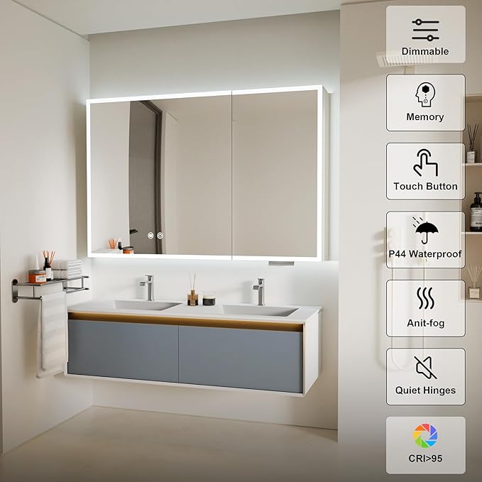 32x24 Lighted Medicine Cabinet with Mirror, Recessed or Surface Led Medicine Cabinet with Color Adjustment and Anti-Fog, 2 Doors Aluminum Cabinet, Cream White (No Assembled Required)