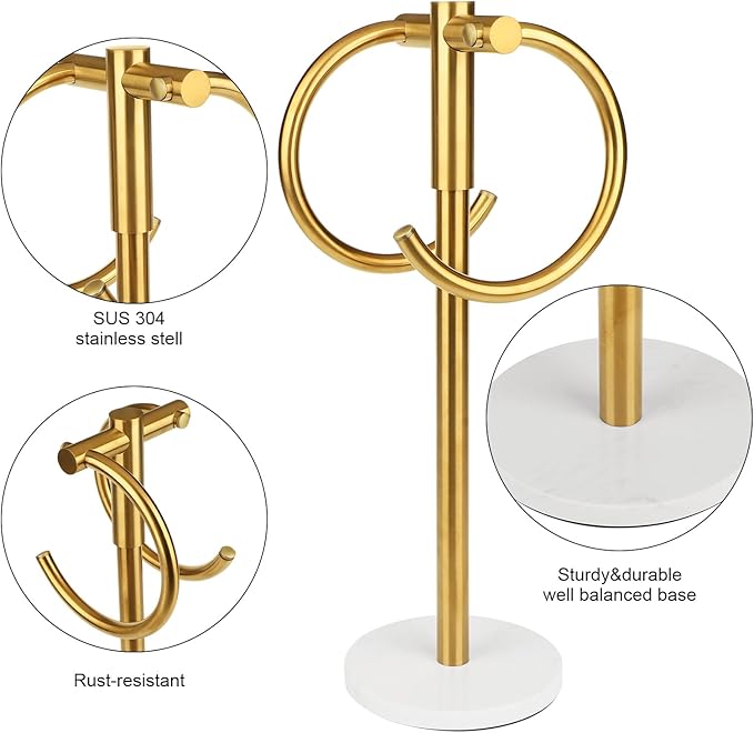 19 inch Brushed Gold Double Towel Holder Stand, Hand Towel Bar Bathroom Vanity Countertop Towel Holder Free Standing,Towel Ring Hardware Accessories Towel Rack