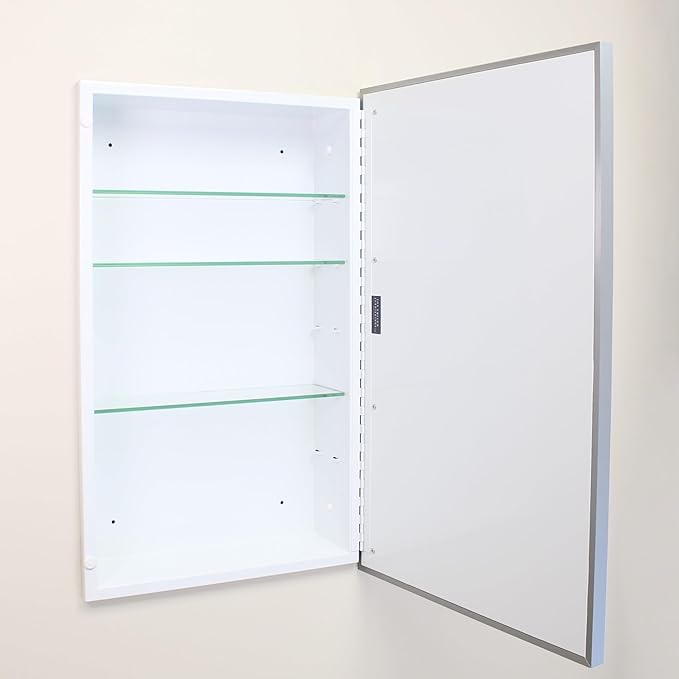 Fox Hollow Furnishings 16x26 Parker Metro Metal Framed Rectangle Recessed Bathroom Medicine Cabinet, Floating Mirror, 14x24 in-Wall Opening, Adjustable Glass Shelves, Magnet Close, Brushed Nickel