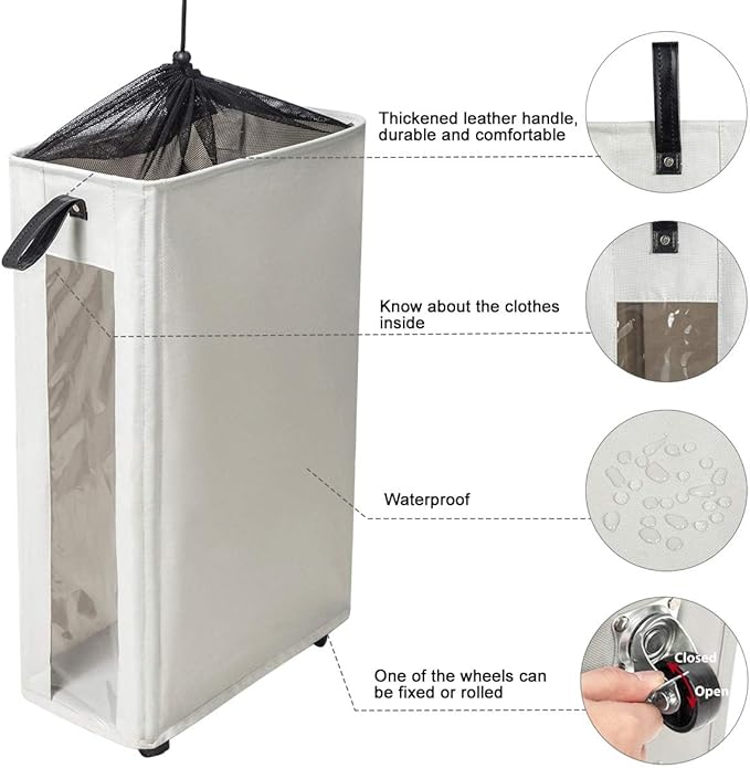 ZERO JET LAG 25 Inches Slim Laundry Storage Hamper - Large Rolling Clothes Hamper - Rolling Storage Bin - Tall Corner Basket - Clear Window Visible - Dirty Laundry Bin - (Beige)