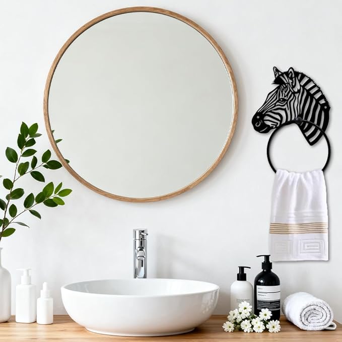 MAYJOYDIY Zebra Head Metal Towel Ring Round Grassland Zebra Hand Towel Holder Animals Ring Hanger Wall Mount Black Vintage Towels Wall Organizer for Kitchen Bath Home Laundry Room Decors Gifts