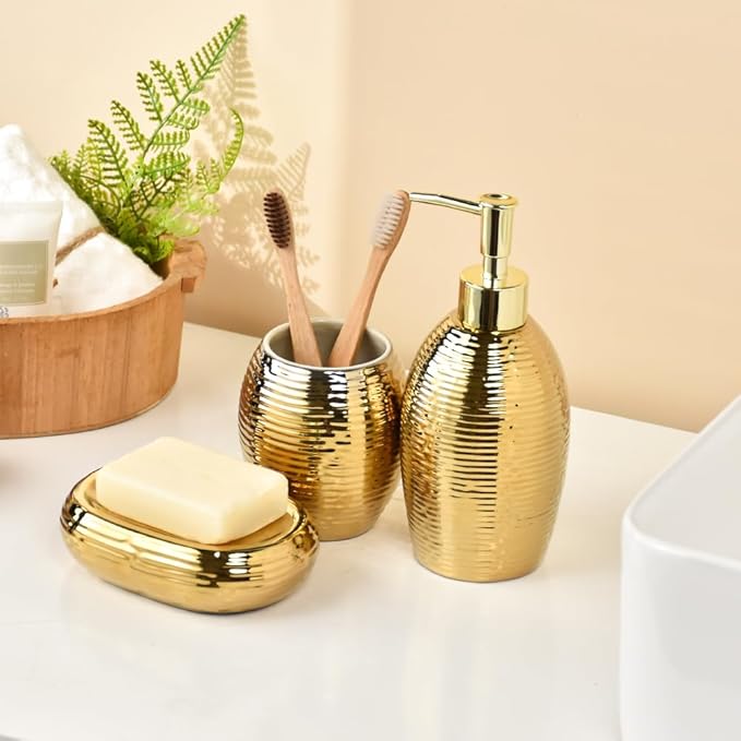 Gold Bathroom Accessory Set - 3 Piece Striped Style Decorative Ceramic Bathroom Accessories Sets with Lotion Soap Dispenser, Toothbrush Holder/Tumbler and Soap Dish, Golden Gift Set for New Home Decor