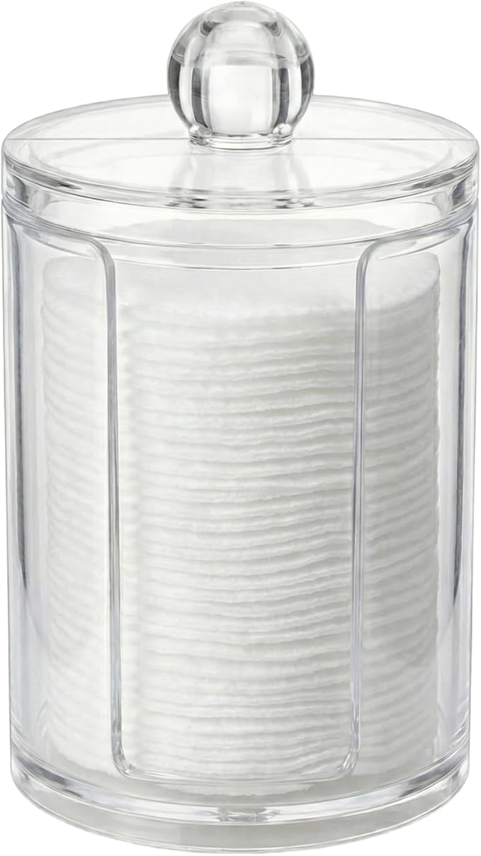 10oz Clear Plastic Cotton Round Holder Organizer - Shatterproof Vertical Makeup Pad Dispenser Canister with Lid for Bathroom Vanity Storage, Apothecary Jar for Face Cleaning Pads & Skincare