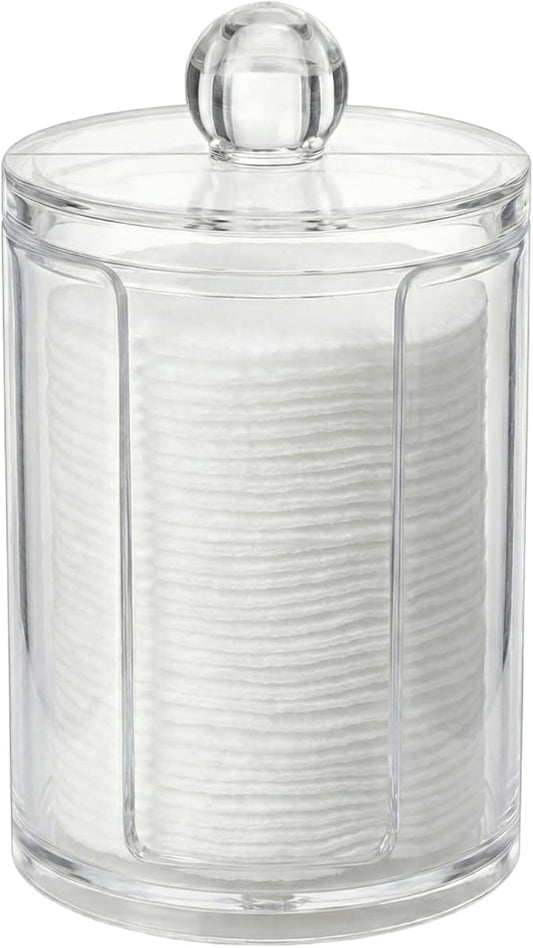10oz Clear Plastic Cotton Round Holder Organizer - Shatterproof Vertical Makeup Pad Dispenser Canister with Lid for Bathroom Vanity Storage, Apothecary Jar for Face Cleaning Pads & Skincare