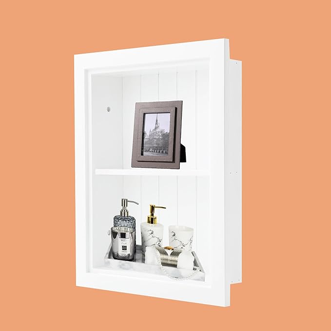 14 × 18 Medicine Cabinet Recessed, Wall Niche, Bathroom Wall Cabinet, 3-Tier, Between Studs Shelving for Drywall, (Beadboard Back/White)