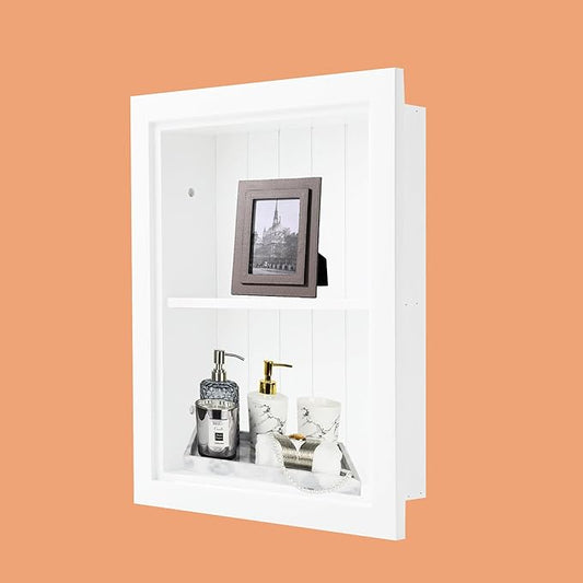 14 × 18 Medicine Cabinet Recessed, Wall Niche, Bathroom Wall Cabinet, 3-Tier, Between Studs Shelving for Drywall, (Beadboard Back/White)