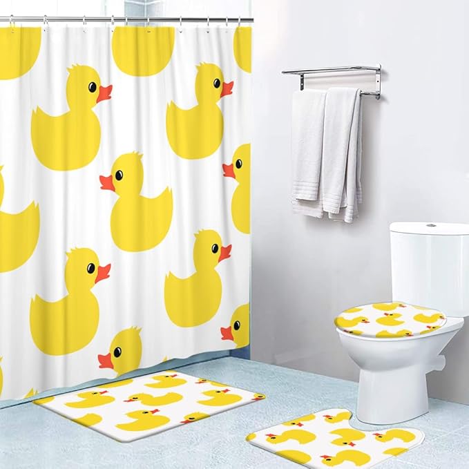 Ansouyi 4Pcs Bathroom Shower Curtain Sets with Non-Slip Rugs, Toilet Lid Cover and Bath Mat, Yellow Cartoon Duck on White Durable Waterproof Shower Curtain for Bathroom Set, 72x72 Inch