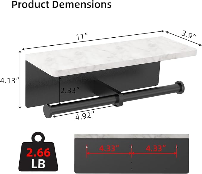 Gypie Toilet Paper Holder with Shelf, New Upgrade Double Toilet Paper Holder with Storage, Marble Roll Toilet Paper Wall Mount for Bathroom Washroom(Black)