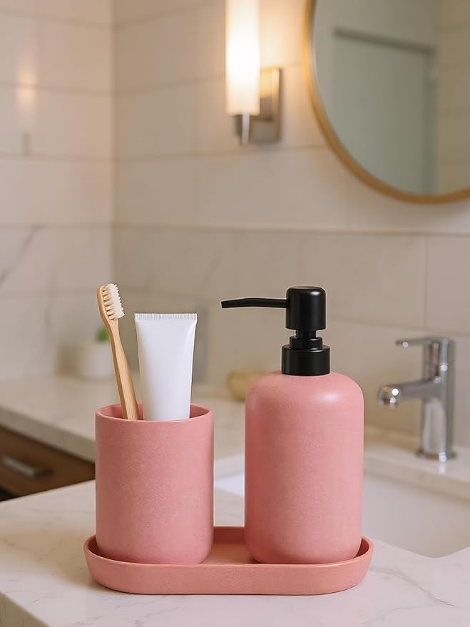 Ceramic Bathroom Accessories Set, Matte Red Soap Dispenser 15.5oz & Toothbrush Holder 10.6oz with Tray, Modern Countertop Set for Bathroom, Vanity, Kitchen Sink