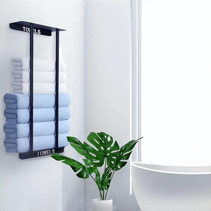 Bathroom Towel Storage Rack,30 Inch Towel Racks for Bathroom Wall Mounted with Shelf Can Holds 8 Large Towels, Metal Wall Towel Rack for Rolled Towels,Folded Towels (Black)