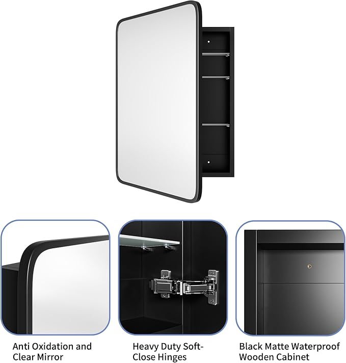 AGDULL Bathroom Wood Black Cabinet with 20''x30'' Black Metal Frame Curved Mirror, Recessed Medicine Cabinet, Bathroom Storage Cabinet