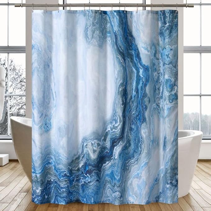 Blue Shower Curtain Marble Texture for Bathroom, Blue Polyester Fabric Waterproof Bathroom Decor,72 x 72 Inch,Standard Size