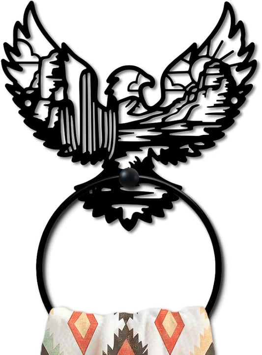 MAYJOYDIY Eagle Landscape Metal Towel Ring Desert Cactus Towel Holder Sun Mountain Range Animal Nature Scenery Black Art Towel Rack Wall Mounted for Bathroom Kitchen Home Decors Gift