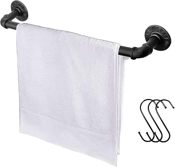 Industrial Pipe Towel Rack Towel Bar, Heavy Duty Wall Mounted Rustic Farmhouse Bath Towel Holder for Bathroom (Black, 18 Inch)